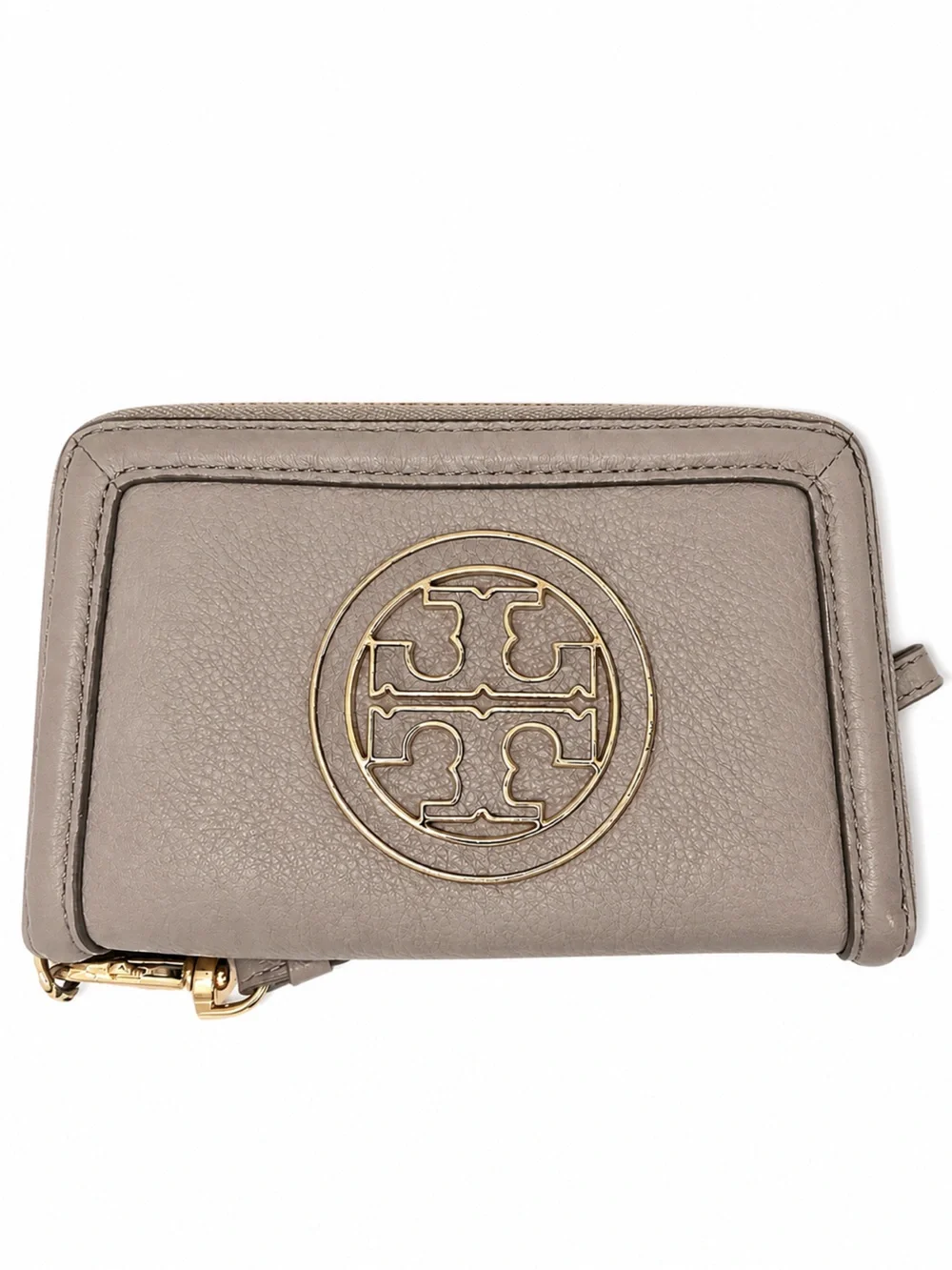 Tory Burch Taupe Logo Zip Card Holder with Gold Emblem